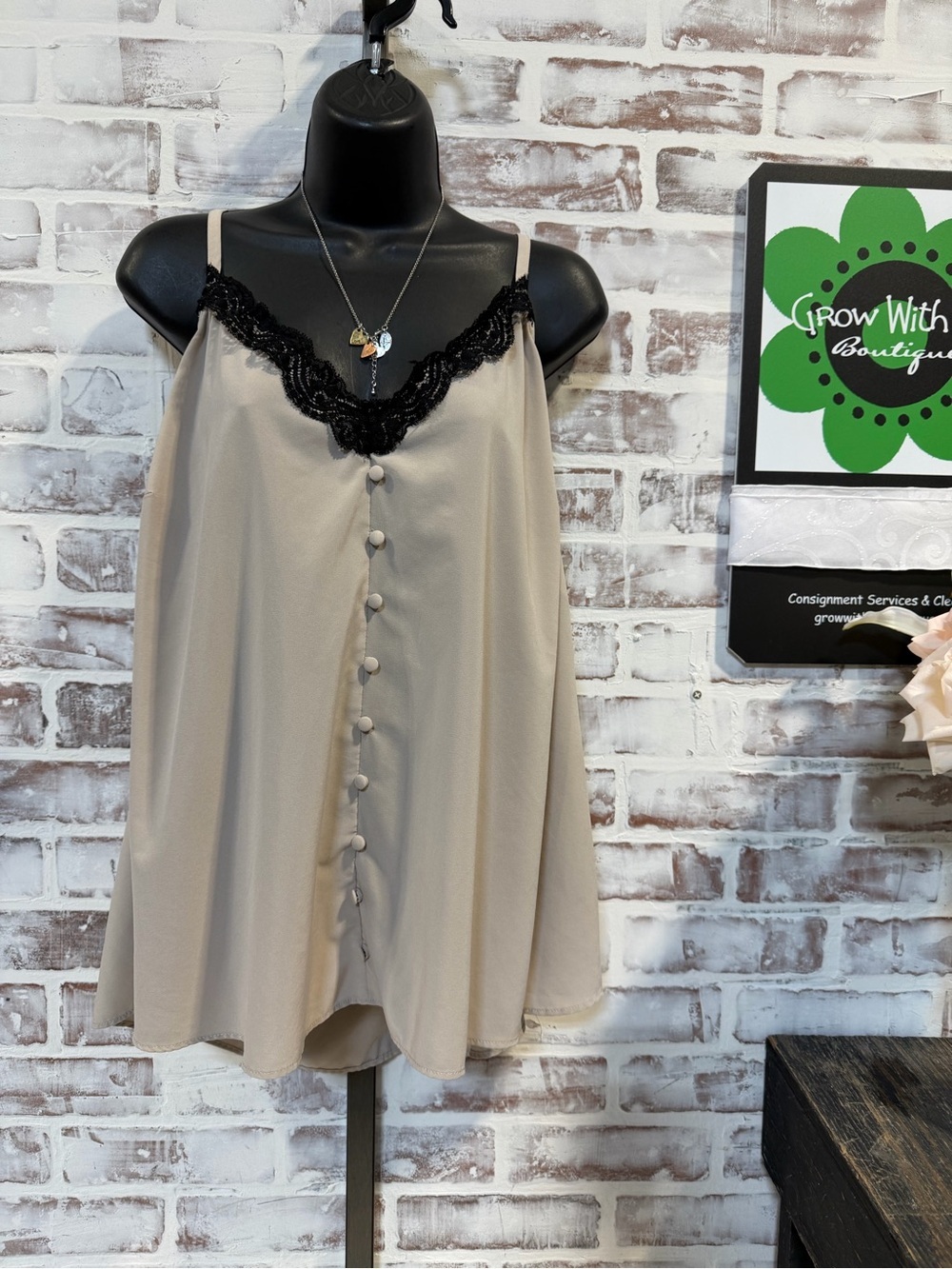 torrid Beige Tank with Black Lace Trim